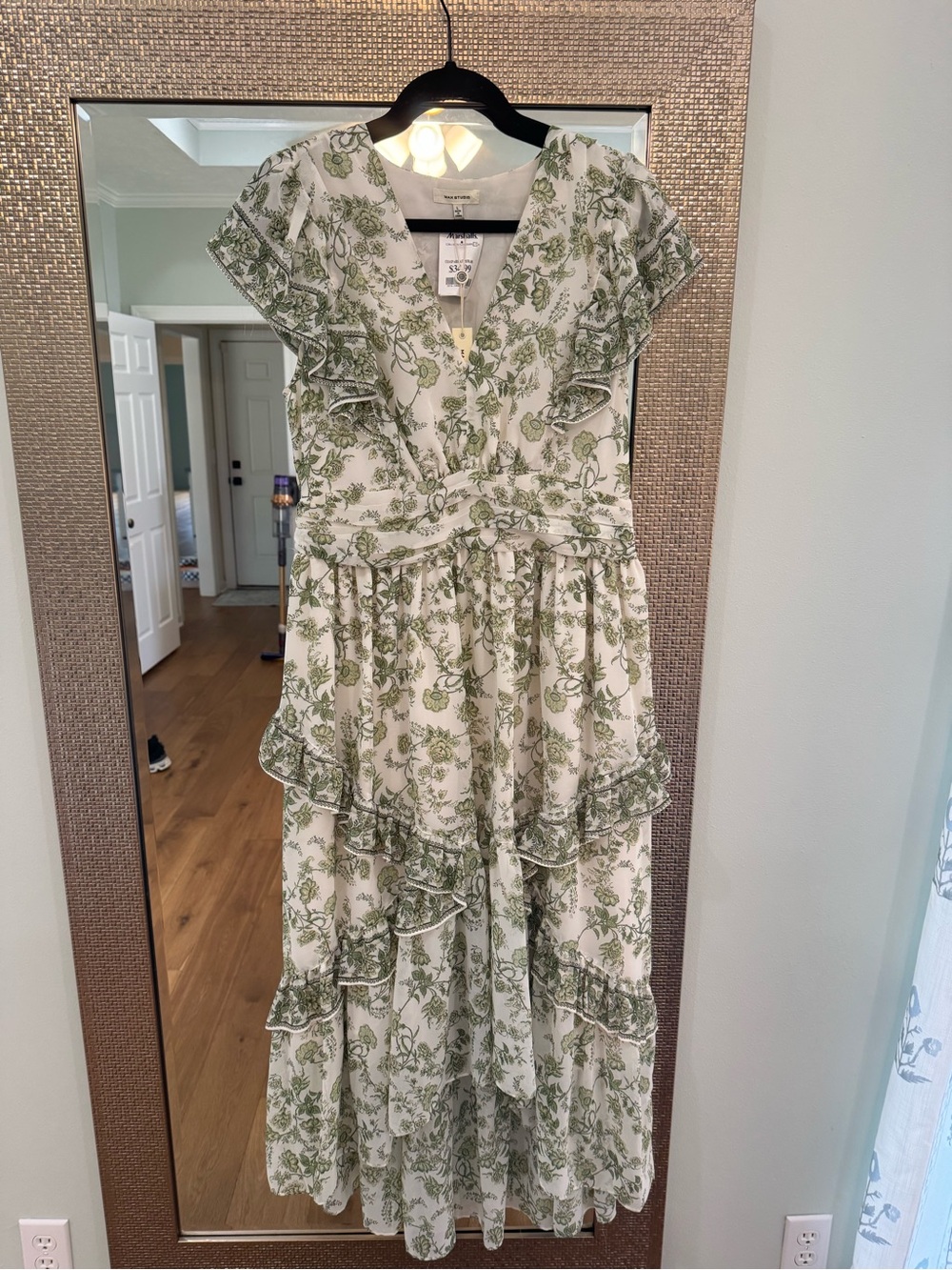 Woman Within White and Green Floral Ruffle Maxi Dress